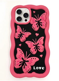 Lovely Cute Pink Butterfly Silicone Mobile Phone Case For iPhone 14 Pro Max luxury Pink Soft Silicone Protection Back Cover With Curly Wave Frame For iPhone 14 Pro Max - Pink