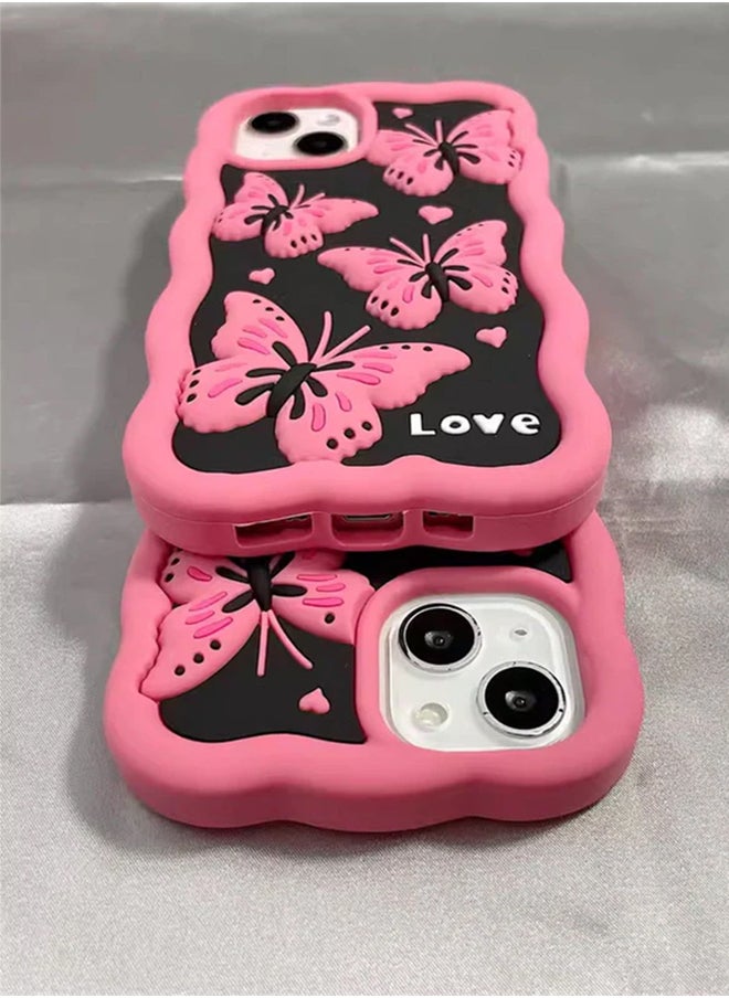 Generic - Lovely Cute Pink Butterfly Silicone Mobile Phone Case For iPhone 14 Pro Max luxury Pink Soft Silicone Protection Back Cover With Curly Wave Frame For iPhone 14 Pro Max - Pink - Image 1