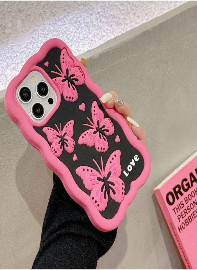 Generic - Lovely Cute Pink Butterfly Silicone Mobile Phone Case For iPhone 14 Pro Max luxury Pink Soft Silicone Protection Back Cover With Curly Wave Frame For iPhone 14 Pro Max - Pink - Image 1