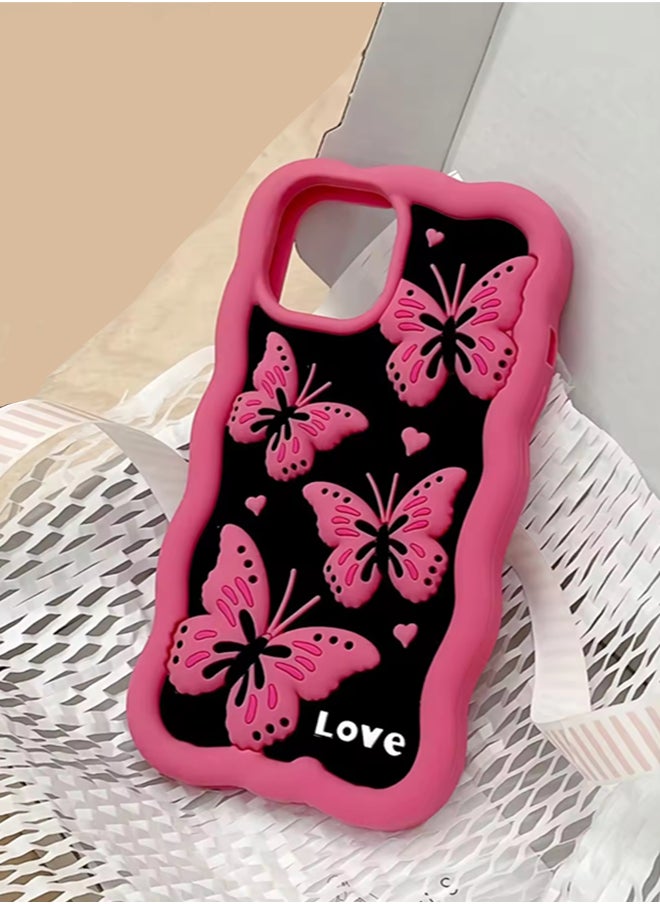 Generic - Lovely Cute Pink Butterfly Silicone Mobile Phone Case For iPhone 14 Pro Max luxury Pink Soft Silicone Protection Back Cover With Curly Wave Frame For iPhone 14 Pro Max - Pink - Image 1