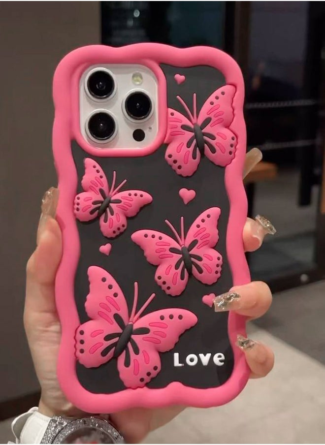 Generic - Lovely Cute Pink Butterfly Silicone Mobile Phone Case For iPhone 14 Pro Max luxury Pink Soft Silicone Protection Back Cover With Curly Wave Frame For iPhone 14 Pro Max - Pink - Image 1