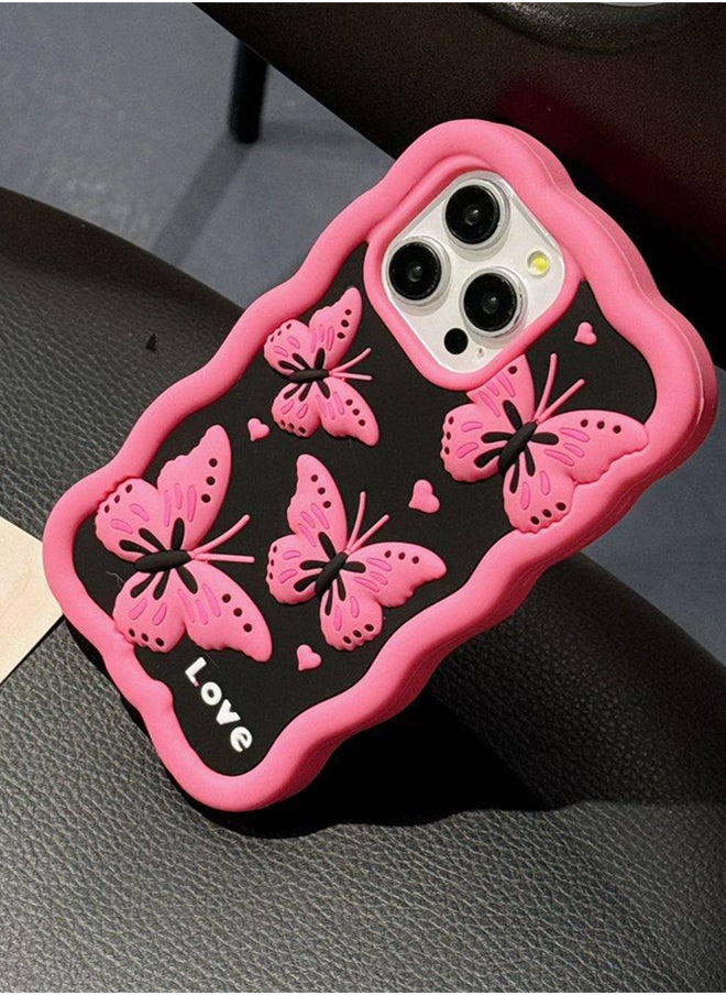 Generic - Lovely Cute Pink Butterfly Silicone Mobile Phone Case For iPhone 14 Pro Max luxury Pink Soft Silicone Protection Back Cover With Curly Wave Frame For iPhone 14 Pro Max - Pink - Image 1