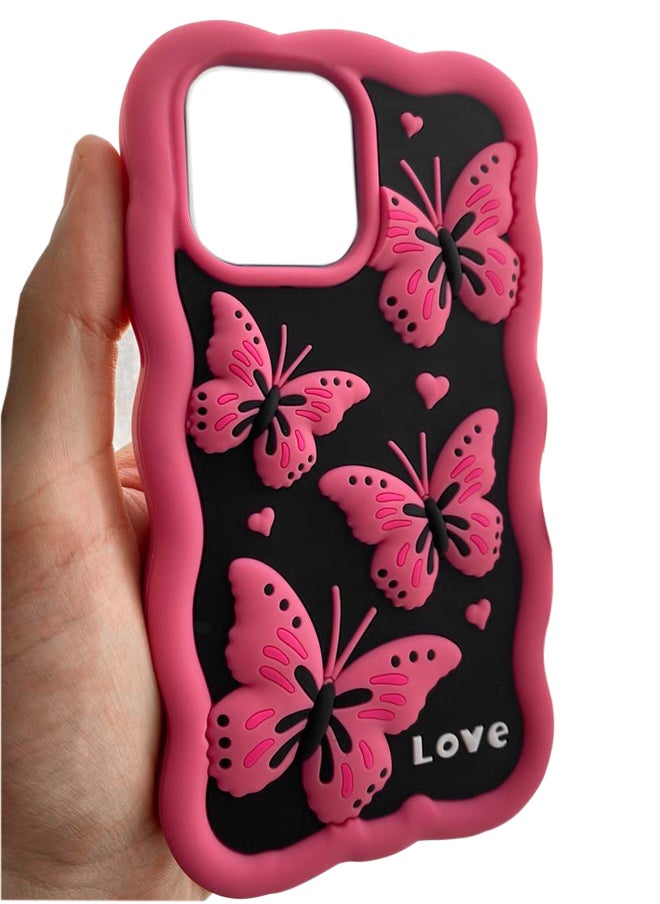 Generic - Lovely Cute Pink Butterfly Silicone Mobile Phone Case For iPhone 14 Pro Max luxury Pink Soft Silicone Protection Back Cover With Curly Wave Frame For iPhone 14 Pro Max - Pink - Image 1