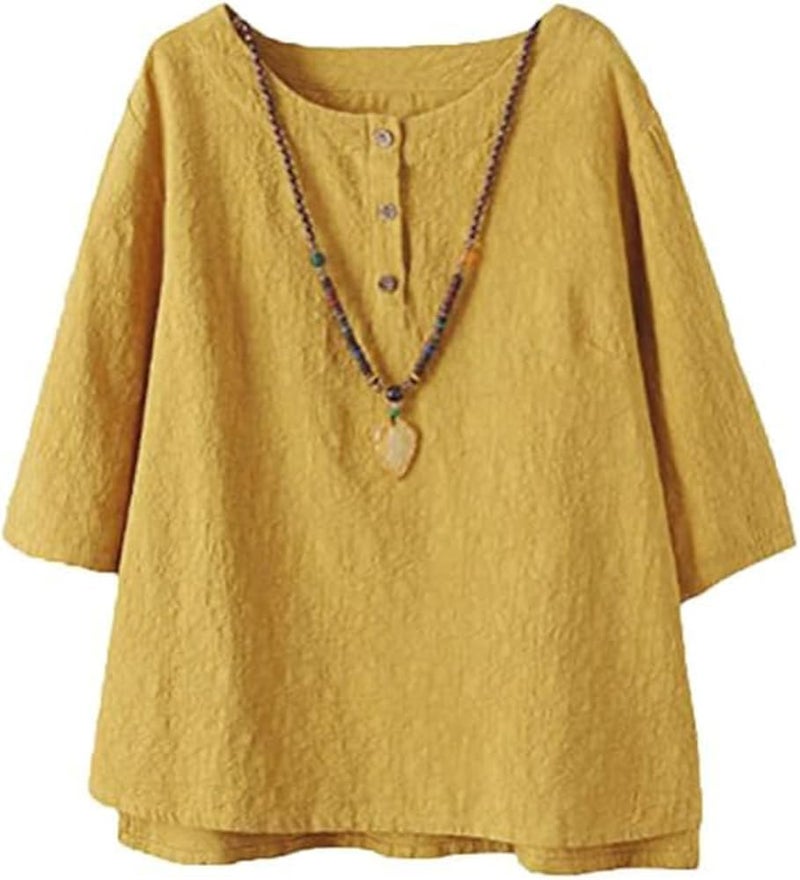 Minibee Women's 3/4 Sleeve Cotton Linen Jacquard Blouses Top T-Shirt (M, Yellow) - Image 1