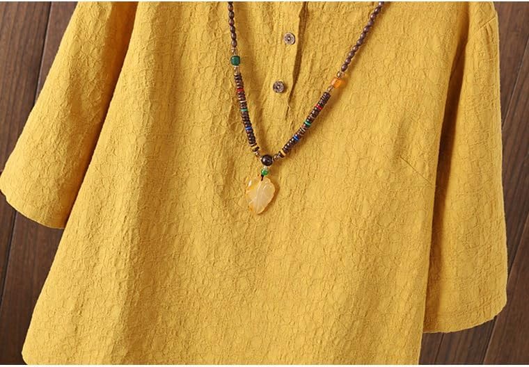 Minibee Women's 3/4 Sleeve Cotton Linen Jacquard Blouses Top T-Shirt (M, Yellow) - Image 4