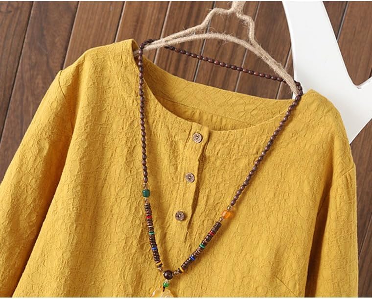 Minibee Women's 3/4 Sleeve Cotton Linen Jacquard Blouses Top T-Shirt (M, Yellow) - Image 2