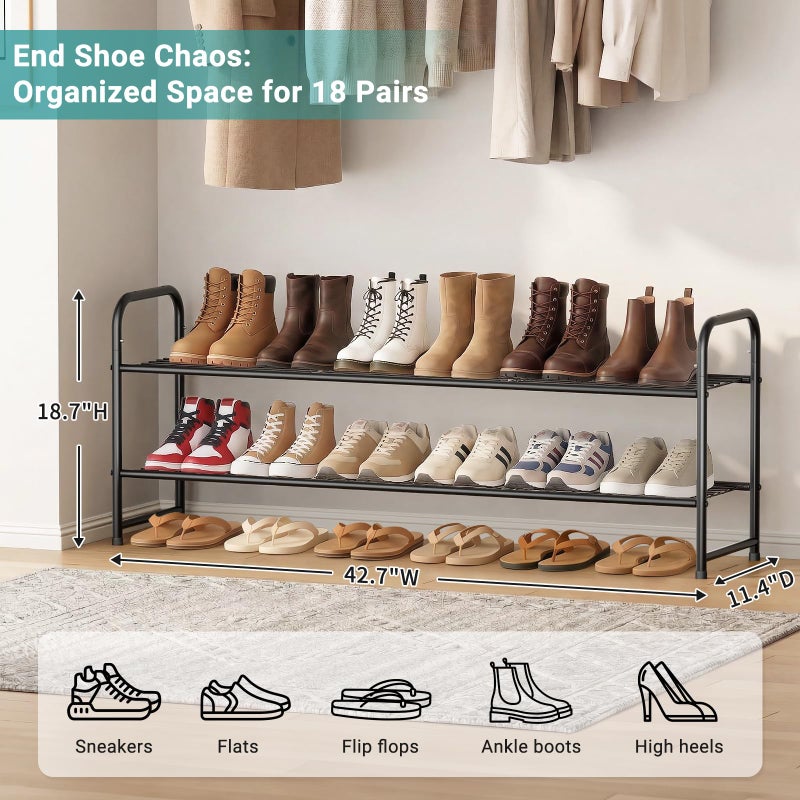 AOODA Long 2 Tier Shoe Rack for Closet Metal Wide Stackable Shoe Storage Organizer for Entryway, Bedroom, Floor, 18-Pairs Low Shoe Shelf, Black - Image 3