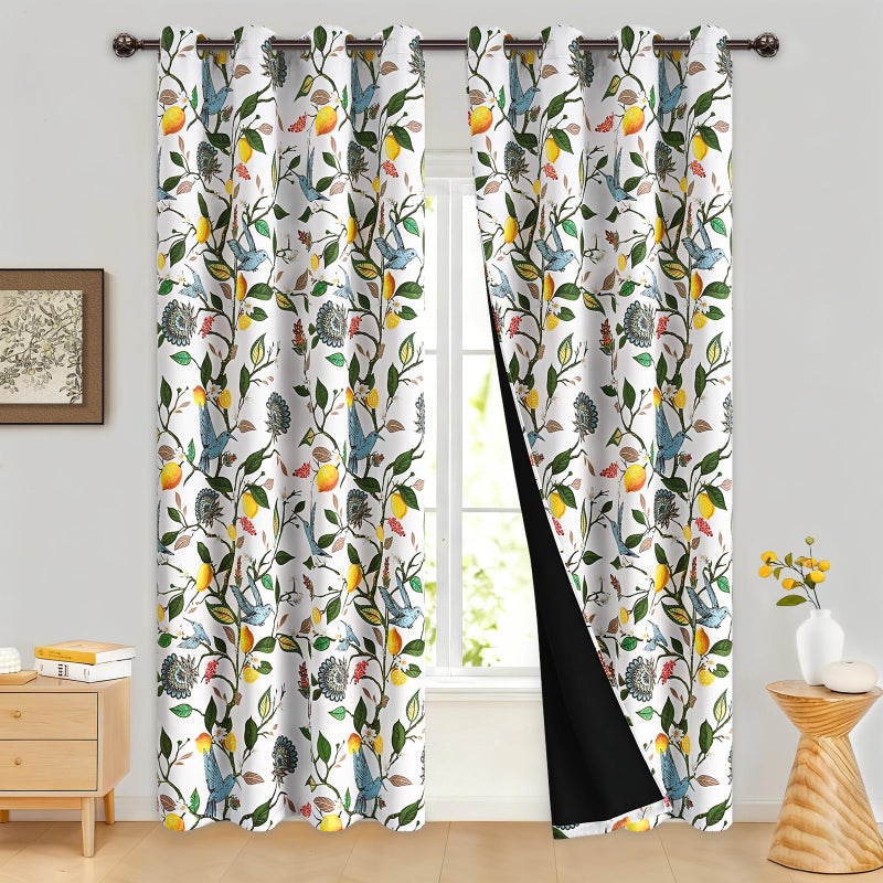 FRAMICS 100% Blackout Curtains for Bedroom Floral Curtains for Living Room 84 Inches Long, Luxury Patterned White Curtain Lemon Hummingbird Grommet Thermal Insulated Drapes, 2 Panels - Image 2