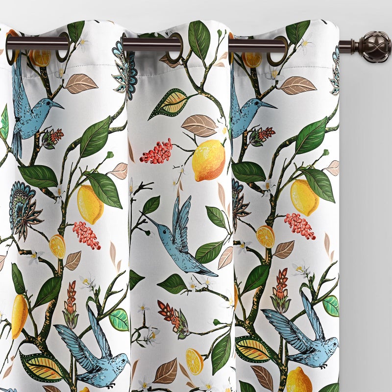 FRAMICS 100% Blackout Curtains for Bedroom Floral Curtains for Living Room 84 Inches Long, Luxury Patterned White Curtain Lemon Hummingbird Grommet Thermal Insulated Drapes, 2 Panels - Image 1