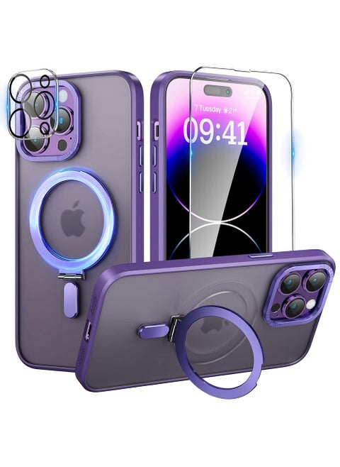 Magnetic Case for iPhone 14 Pro Max Case with Invisible Stand,Compatible with Mag Safe,Translucent Matte Case,Tempered Glass Screen Protector and Camera Lens Protector, 6.7 Inch - Purple
