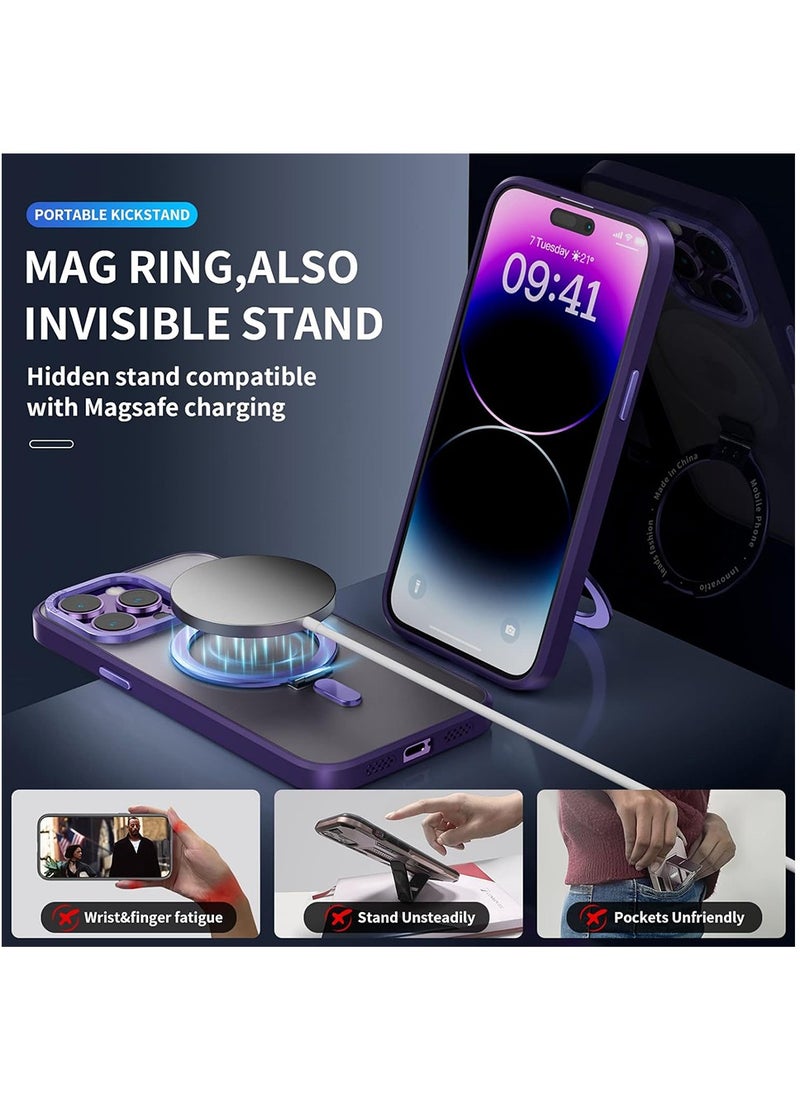 Magnetic Case for iPhone 14 Pro Max Case with Invisible Stand,Compatible with Mag Safe,Translucent Matte Case,Tempered Glass Screen Protector and Camera Lens Protector, 6.7 Inch - Purple