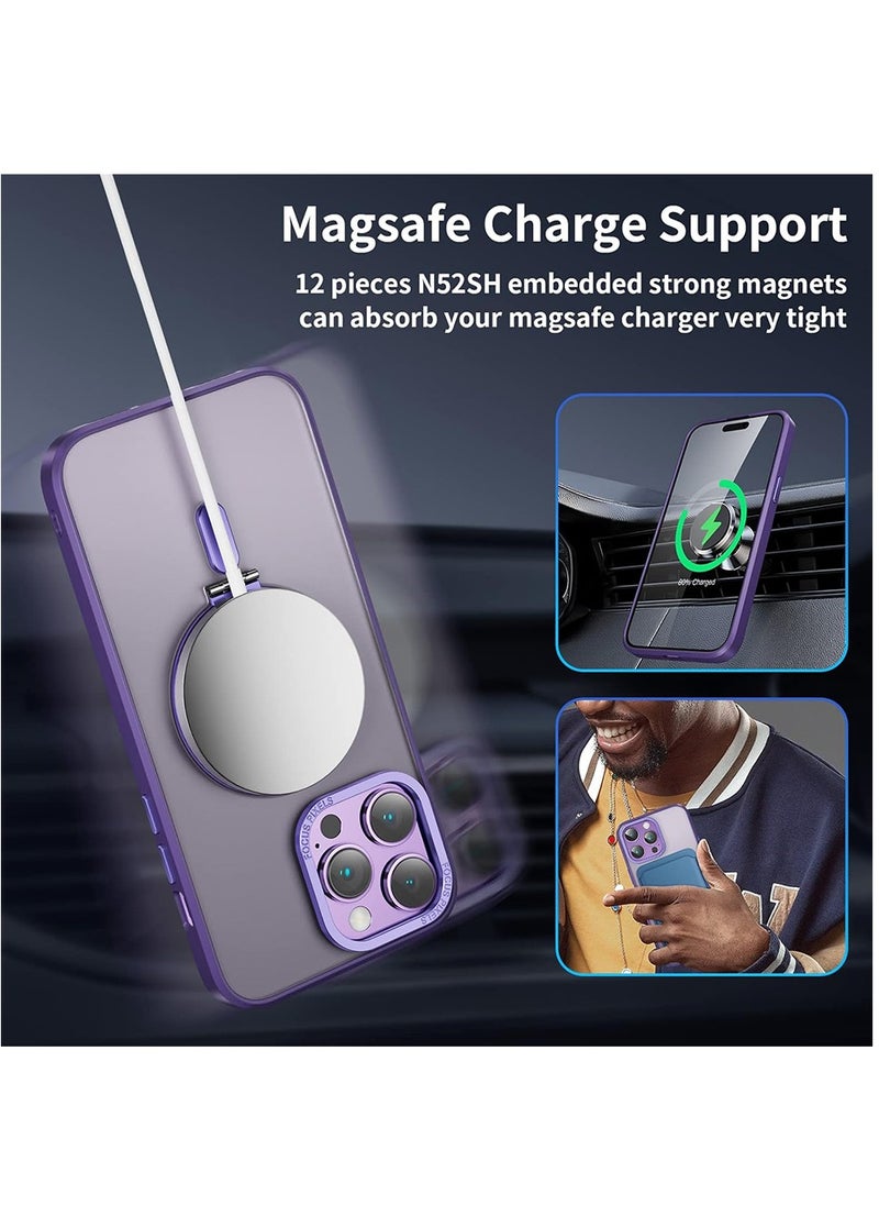 Magnetic Case for iPhone 14 Pro Max Case with Invisible Stand,Compatible with Mag Safe,Translucent Matte Case,Tempered Glass Screen Protector and Camera Lens Protector, 6.7 Inch - Purple