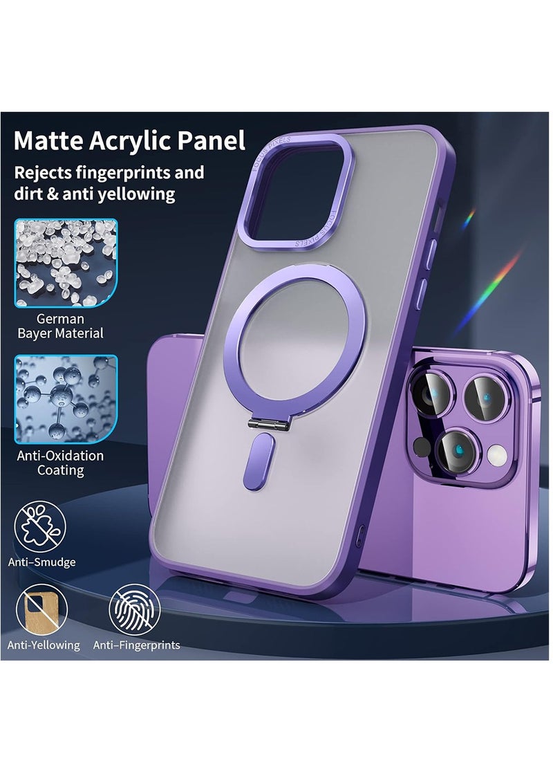 Magnetic Case for iPhone 14 Pro Max Case with Invisible Stand,Compatible with Mag Safe,Translucent Matte Case,Tempered Glass Screen Protector and Camera Lens Protector, 6.7 Inch - Purple