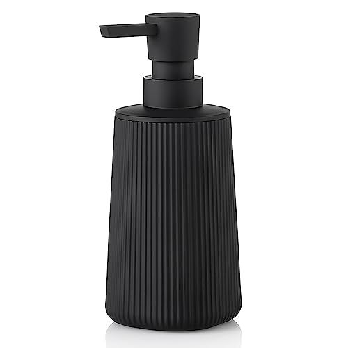 YAUKPH Small Soap Dispenser for Bathroom and Kitchen, Modern Farmhouse Striped Style Plastic Hand Soap Dish Soap Dispenser with Pump Matte Black - Image 1