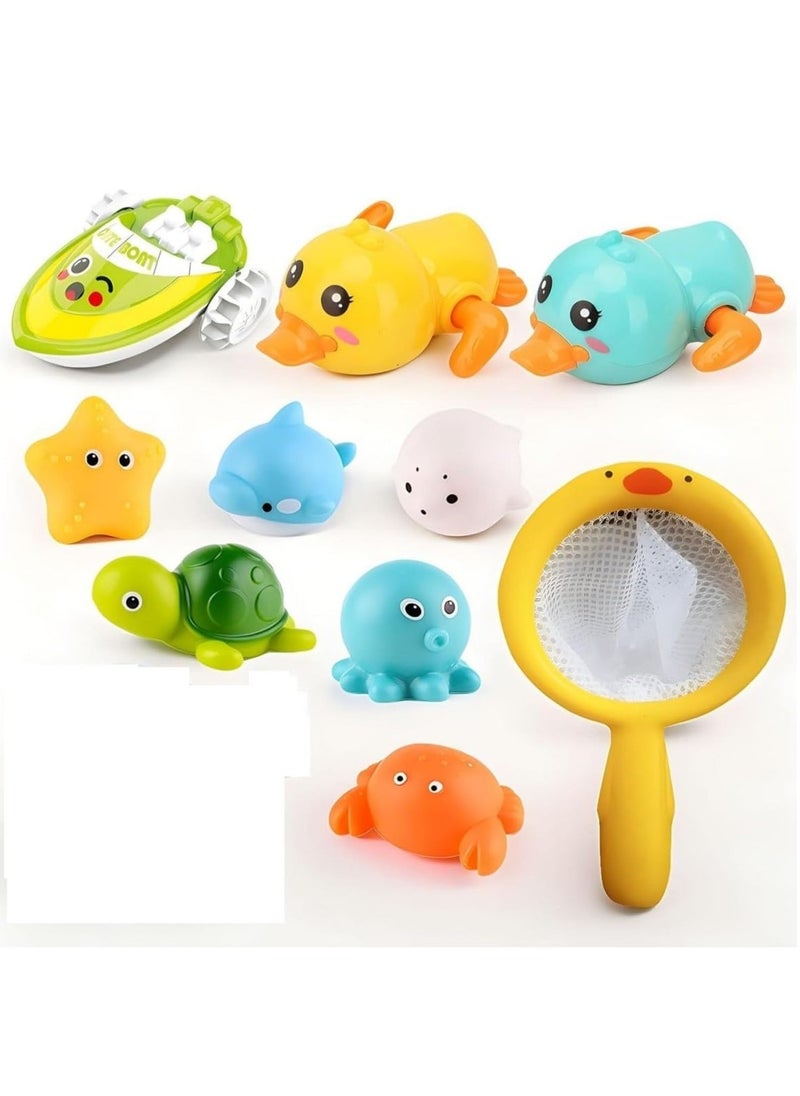 XICEN Bath Toys for Babies, 10PCS Toddlers Bathtub Toys, Swimming Pool Floating Toys includes Ducks Turtle Dolphin Fishing Net  - Image 1