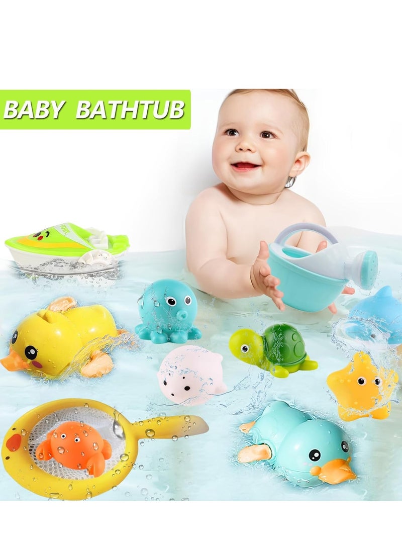 XICEN Bath Toys for Babies, 10PCS Toddlers Bathtub Toys, Swimming Pool Floating Toys includes Ducks Turtle Dolphin Fishing Net  - Image 4