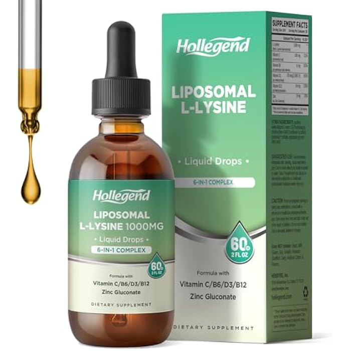 Hollegend Liposomal L-lysine 1000MG Liquid Drops, Lysine Supplement for Women & Kids with Vitamin C, B6, D3, B12 & Zinc Gluconate, Skin & Lip Health, Immune & Collagen Production Support, Lemon Flavor, 2 fl oz - Image 1