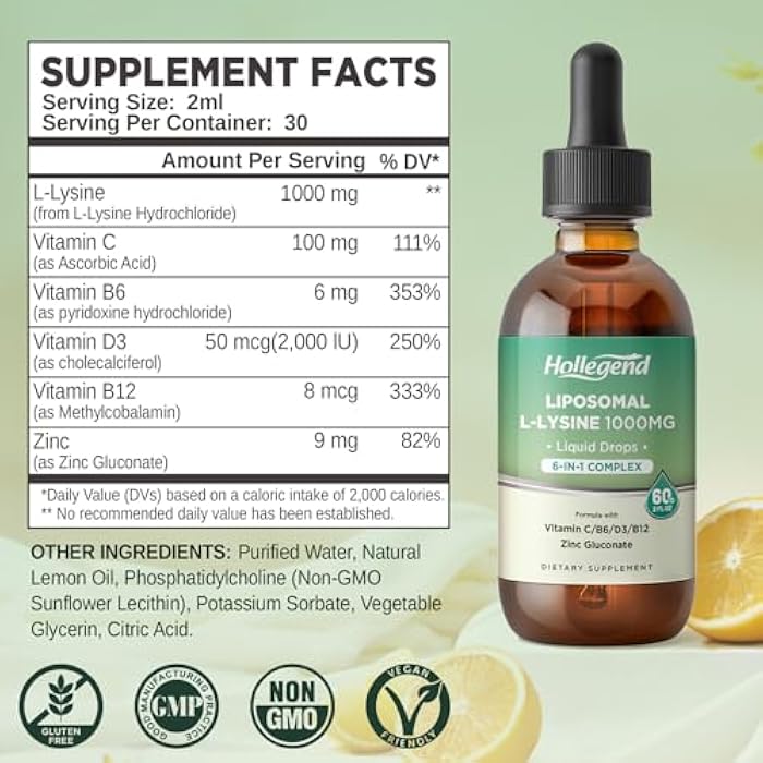 Hollegend Liposomal L-lysine 1000MG Liquid Drops, Lysine Supplement for Women & Kids with Vitamin C, B6, D3, B12 & Zinc Gluconate, Skin & Lip Health, Immune & Collagen Production Support, Lemon Flavor, 2 fl oz - Image 2