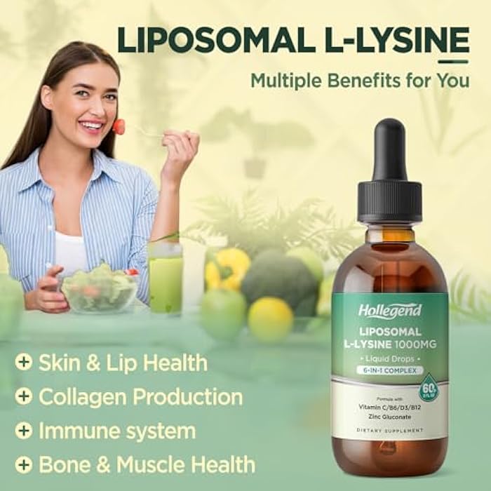 Hollegend Liposomal L-lysine 1000MG Liquid Drops, Lysine Supplement for Women & Kids with Vitamin C, B6, D3, B12 & Zinc Gluconate, Skin & Lip Health, Immune & Collagen Production Support, Lemon Flavor, 2 fl oz - Image 3