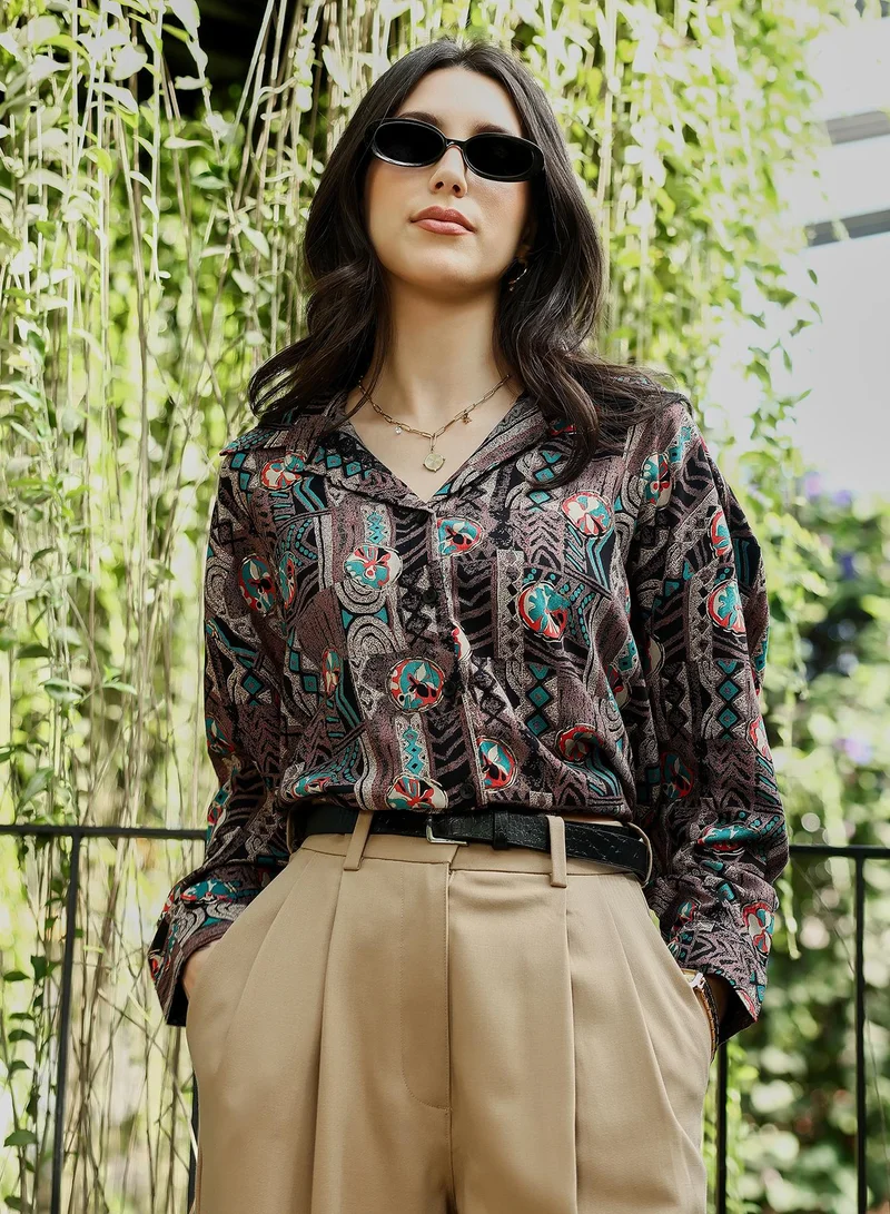 PINACOLADA Women's Mayan-Imprint Oversized Shirt | Spread Collar , Long Button-Cuff Sleeves, Button Closure | Abstract Print Plain Woven Shirt For Casual & Daily Wear | Coffee Brown