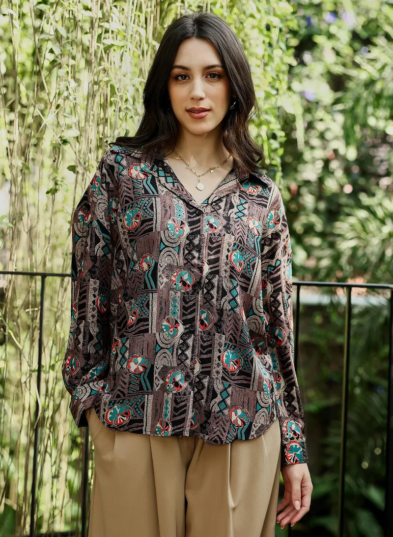 PINACOLADA Women's Mayan-Imprint Oversized Shirt | Spread Collar , Long Button-Cuff Sleeves, Button Closure | Abstract Print Plain Woven Shirt For Casual & Daily Wear | Coffee Brown