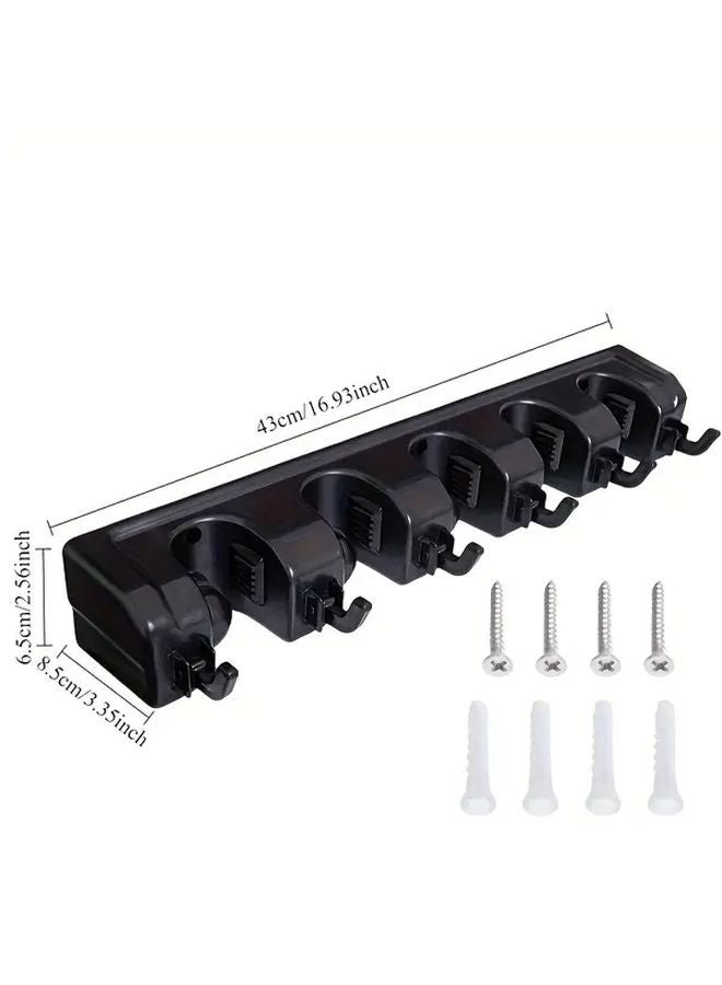 Wall Mounted Broom Rack With 5 Adjustable Hooks HPP Black Plastic Tool Organizer - Image 3