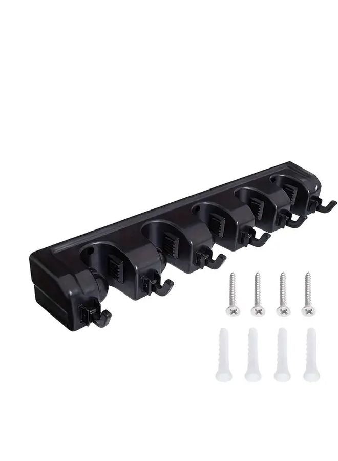Wall Mounted Broom Rack With 5 Adjustable Hooks HPP Black Plastic Tool Organizer - Image 1