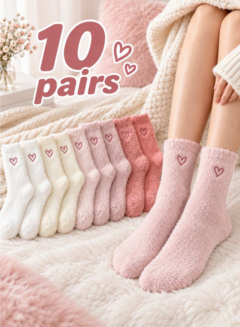 Fuzzy Socks for Ladies 10 Pairs, Warm Mink Fleece Women Socks with Embroidered Heart Design, Soft Winter Crew Socks for Autumn and Winter - Image 1