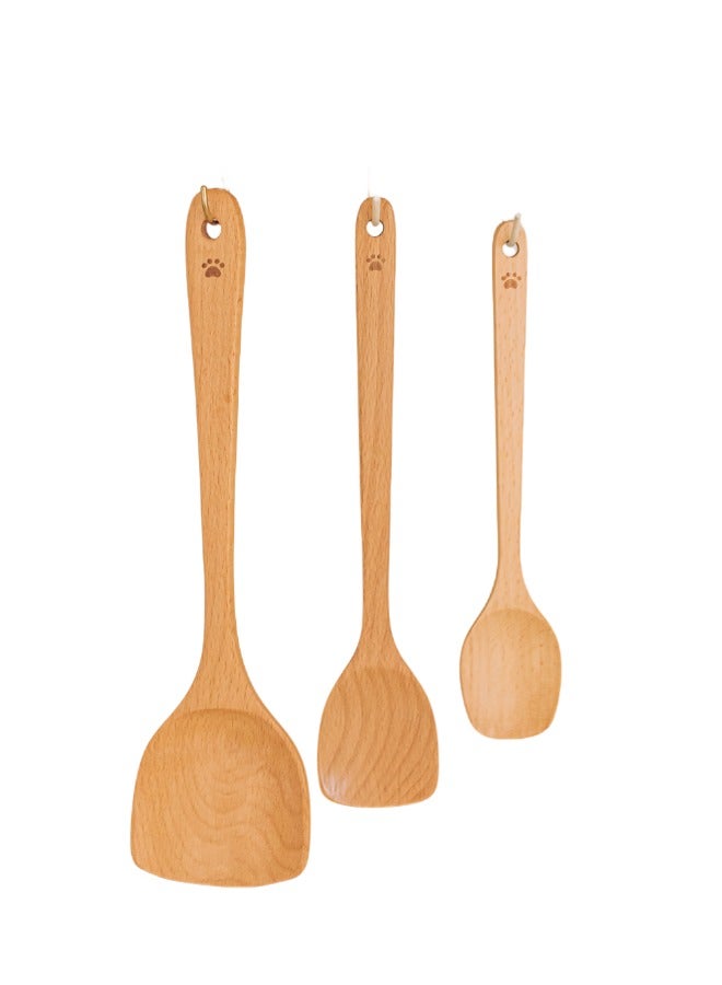 SHUEHO 3pcs beech wood spatula non-stick pan special wooden stir-fry spatula wax-free high temperature resistant food grade long handle wooden spatula - Image 1
