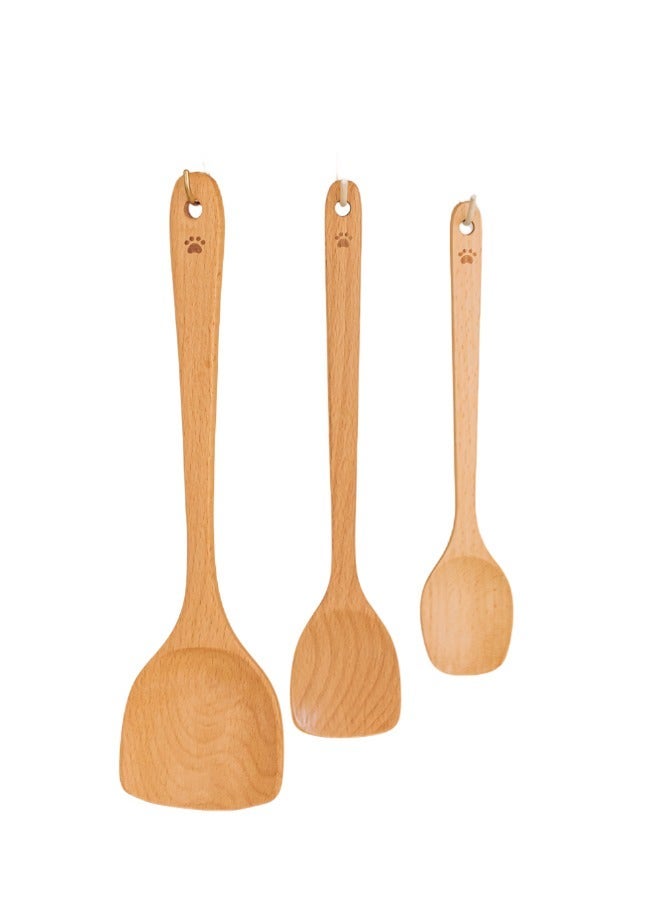 SHUEHO 3pcs beech wood spatula non-stick pan special wooden stir-fry spatula wax-free high temperature resistant food grade long handle wooden spatula - Image 5