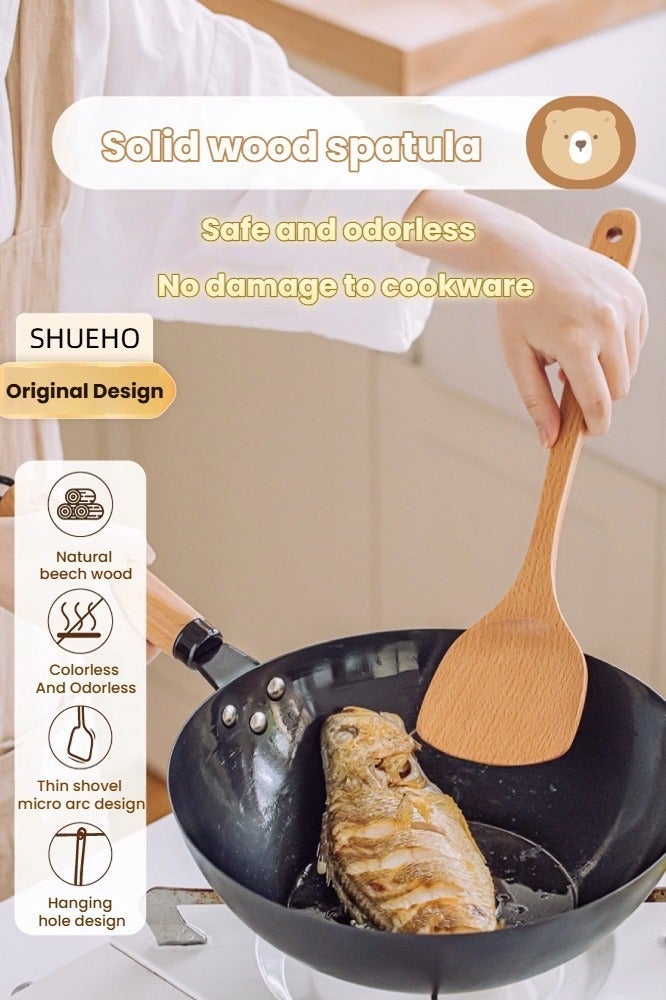 SHUEHO 3pcs beech wood spatula non-stick pan special wooden stir-fry spatula wax-free high temperature resistant food grade long handle wooden spatula - Image 3
