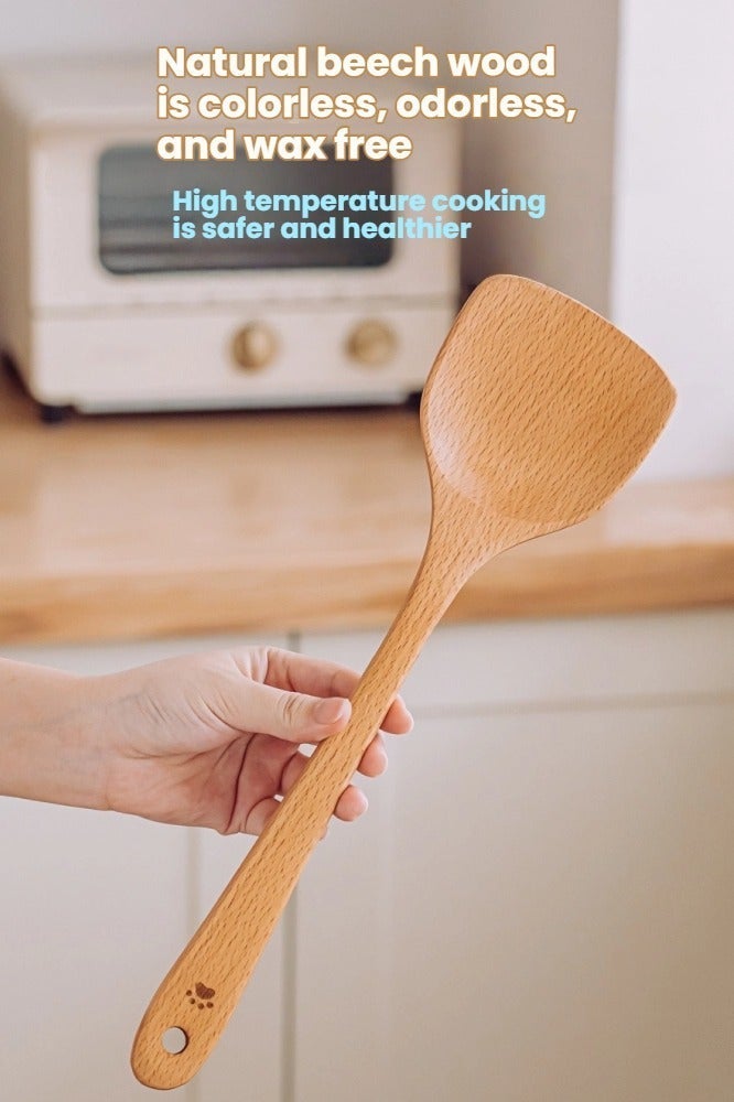 SHUEHO 3pcs beech wood spatula non-stick pan special wooden stir-fry spatula wax-free high temperature resistant food grade long handle wooden spatula - Image 4