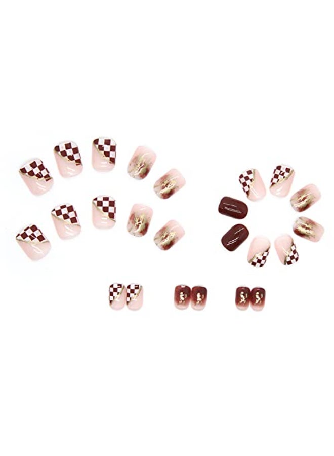 Onsdag Press On Nails Short Square Coffin Shape Full Cover Reusable False Nails with Glue Stick On Nails with Designs Artificial Fingernails Acrylic Fake Nails for Women Glue On Nails MediumLattice - Image 3