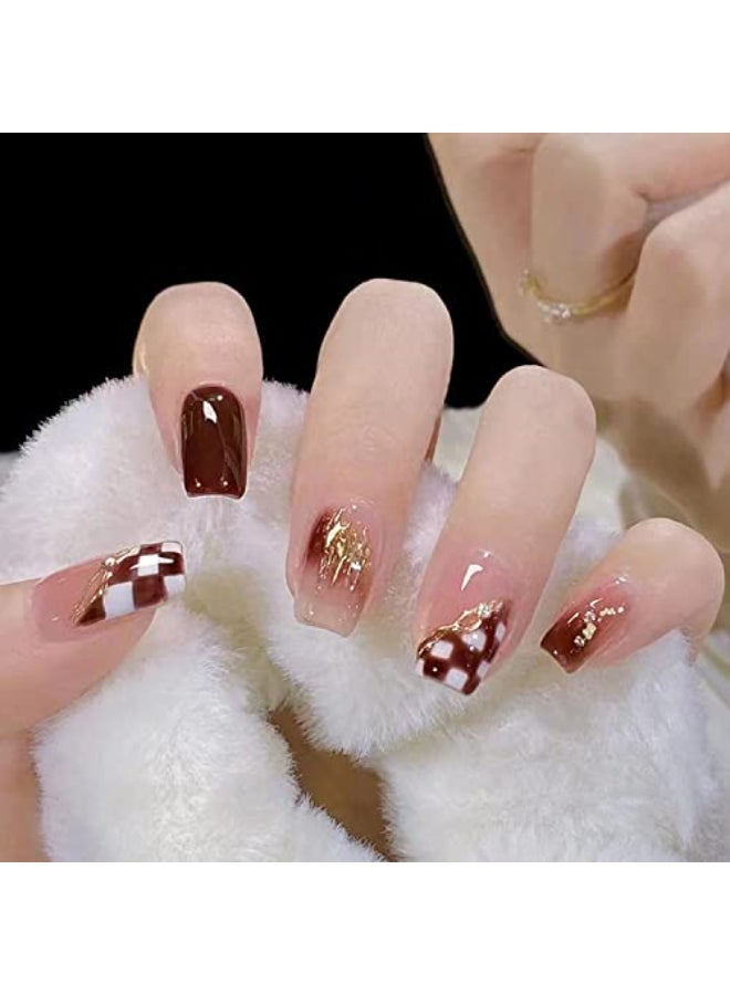 Onsdag Press On Nails Short Square Coffin Shape Full Cover Reusable False Nails with Glue Stick On Nails with Designs Artificial Fingernails Acrylic Fake Nails for Women Glue On Nails MediumLattice - Image 1