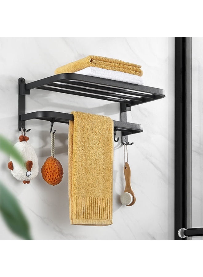24in Towel Racks Shelf for Bathroom, Foldable Wall Mounted Towel Storage with 9 Towel Hooks, Modern Rustproof Towel Holder with Shelves, Towel Rail Hanger for Hotel Dorm Restroom Gym Toilet, Black