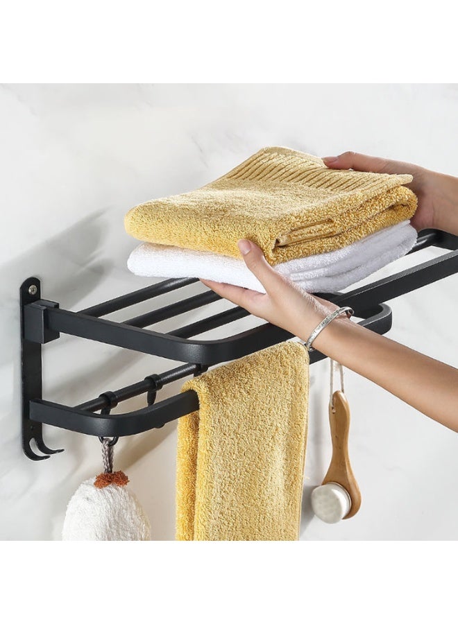 24in Towel Racks Shelf for Bathroom, Foldable Wall Mounted Towel Storage with 9 Towel Hooks, Modern Rustproof Towel Holder with Shelves, Towel Rail Hanger for Hotel Dorm Restroom Gym Toilet, Black