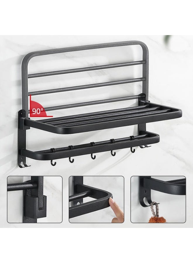 24in Towel Racks Shelf for Bathroom, Foldable Wall Mounted Towel Storage with 9 Towel Hooks, Modern Rustproof Towel Holder with Shelves, Towel Rail Hanger for Hotel Dorm Restroom Gym Toilet, Black
