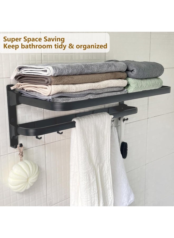 24in Towel Racks Shelf for Bathroom, Foldable Wall Mounted Towel Storage with 9 Towel Hooks, Modern Rustproof Towel Holder with Shelves, Towel Rail Hanger for Hotel Dorm Restroom Gym Toilet, Black