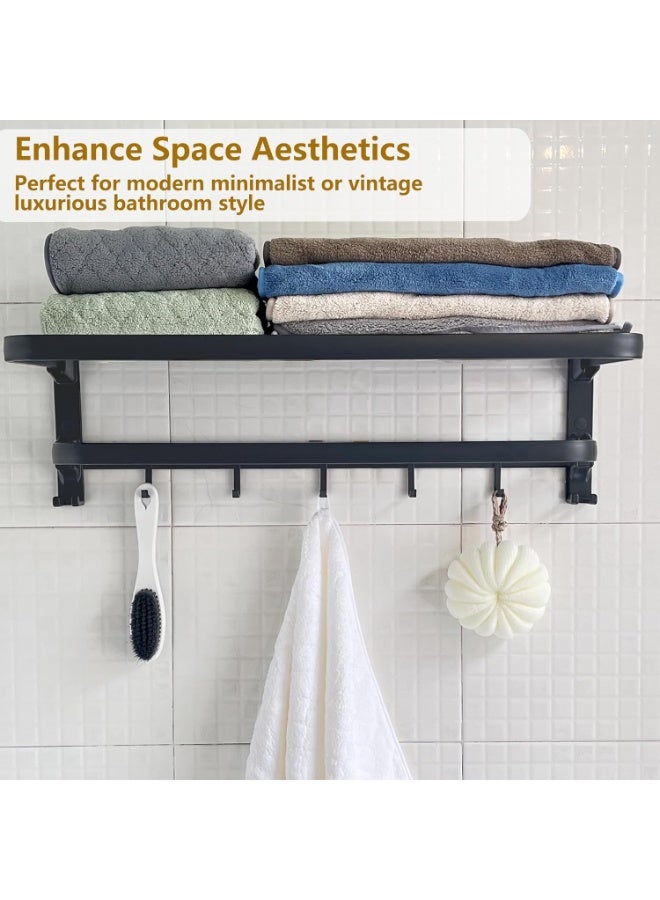 24in Towel Racks Shelf for Bathroom, Foldable Wall Mounted Towel Storage with 9 Towel Hooks, Modern Rustproof Towel Holder with Shelves, Towel Rail Hanger for Hotel Dorm Restroom Gym Toilet, Black