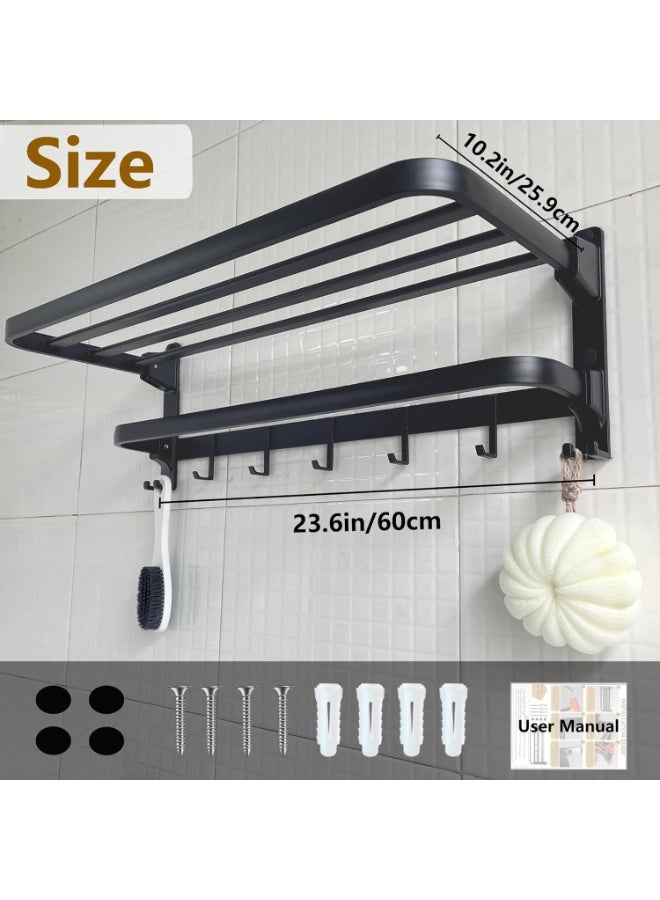 24in Towel Racks Shelf for Bathroom, Foldable Wall Mounted Towel Storage with 9 Towel Hooks, Modern Rustproof Towel Holder with Shelves, Towel Rail Hanger for Hotel Dorm Restroom Gym Toilet, Black