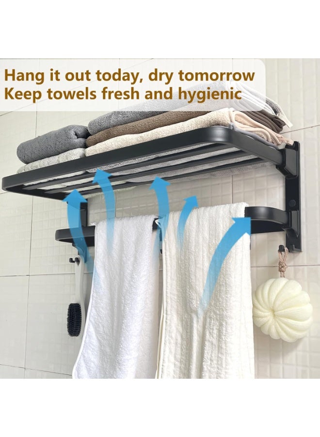 24in Towel Racks Shelf for Bathroom, Foldable Wall Mounted Towel Storage with 9 Towel Hooks, Modern Rustproof Towel Holder with Shelves, Towel Rail Hanger for Hotel Dorm Restroom Gym Toilet, Black