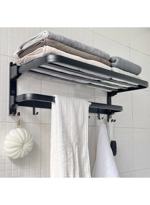 24in Towel Racks Shelf for Bathroom, Foldable Wall Mounted Towel Storage with 9 Towel Hooks, Modern Rustproof Towel Holder with Shelves, Towel Rail Hanger for Hotel Dorm Restroom Gym Toilet, Black