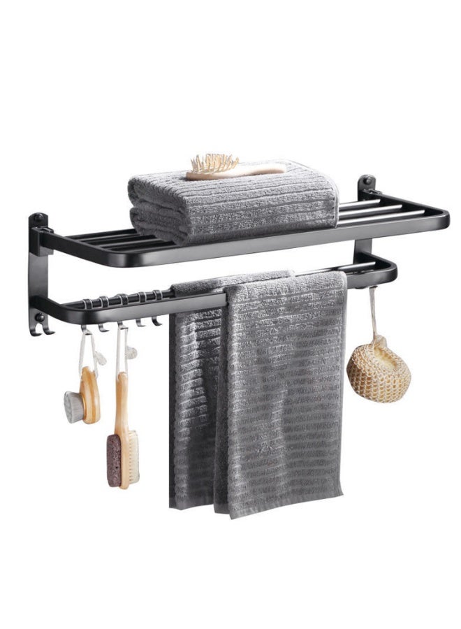 24in Towel Racks Shelf for Bathroom, Foldable Wall Mounted Towel Storage with 9 Towel Hooks, Modern Rustproof Towel Holder with Shelves, Towel Rail Hanger for Hotel Dorm Restroom Gym Toilet, Black