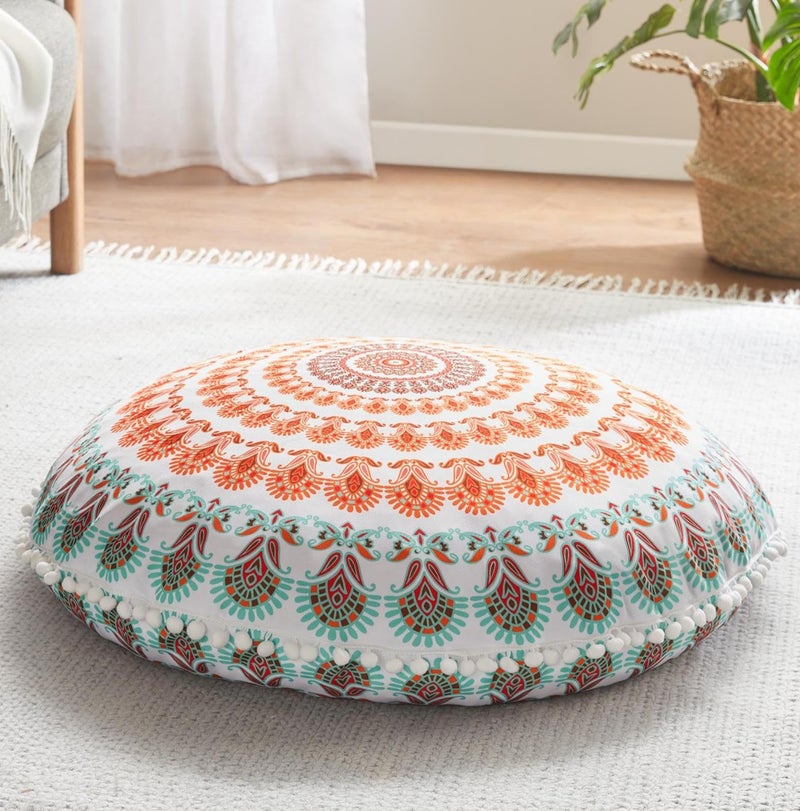 Codi Meditation Floor Pillow, Round Large Pillows Seating for Adults, Bohemian Mandala Circle Cushion for Outdoor Fireplace Yoga Living Room, 32 Inch, Memory Foam Added, Coral - Image 1
