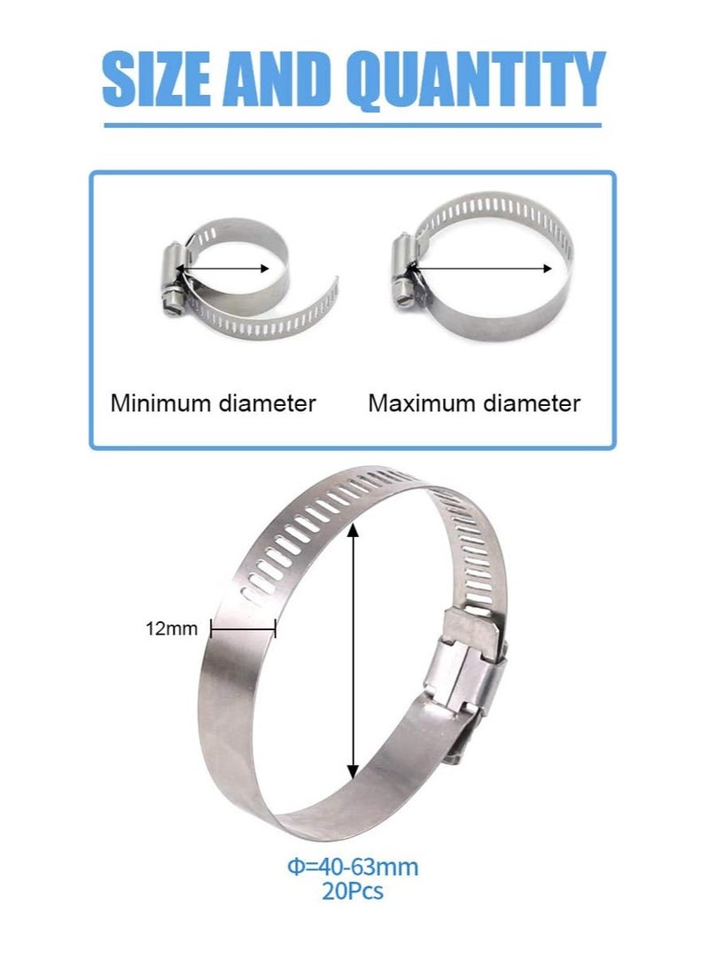20 Pieces 304 Stainless Steel Adjustable 40-63mm Range Worm Gear Hose Clamp Combo Kit, Fuel Pipe Clamps for Water Pipe, Pipeline, Automotive and Mechanical Applications (40-63mm)