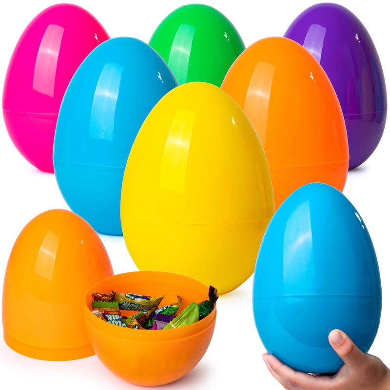 JOYIN 6 Pcs 7" Jumbo Plastic Easter Eggs, Bright Solid 6 Assorted Colors Empty Eggs for Filling Treats Easter Party Favor Hunt Basket Stuffers Fillers Classroom Prize Supplies Toy - Image 1