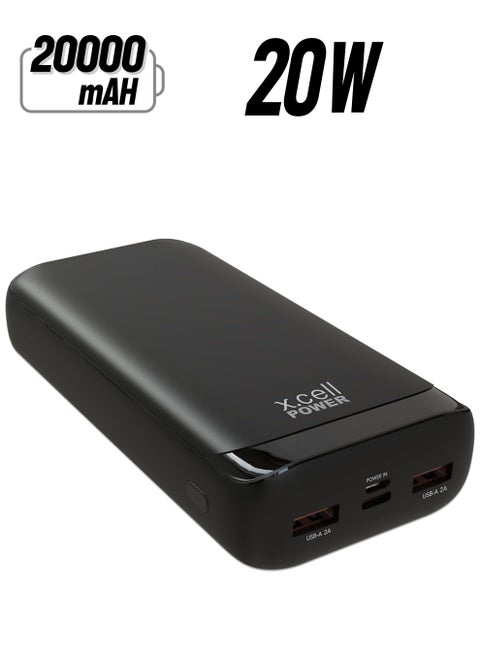 Xcell Power Bank 20000MAH, 20W Output with Fast Charging, 50% Charging in 30 Minutes, Type C,Micro and 2USB Inputs Black Compatible with iPhone, Samsung, iPad, and More- Black