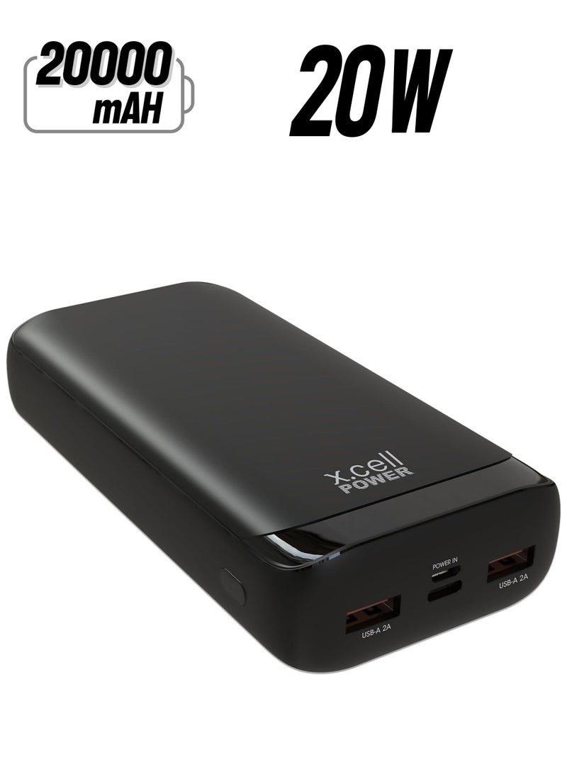 Xcell - Xcell Power Bank 20000MAH, 20W Output with Fast Charging, 50% Charging in 30 Minutes, Type C,Micro and 2USB Inputs Black Compatible with iPhone, Samsung, iPad, and More- Black - Image 1