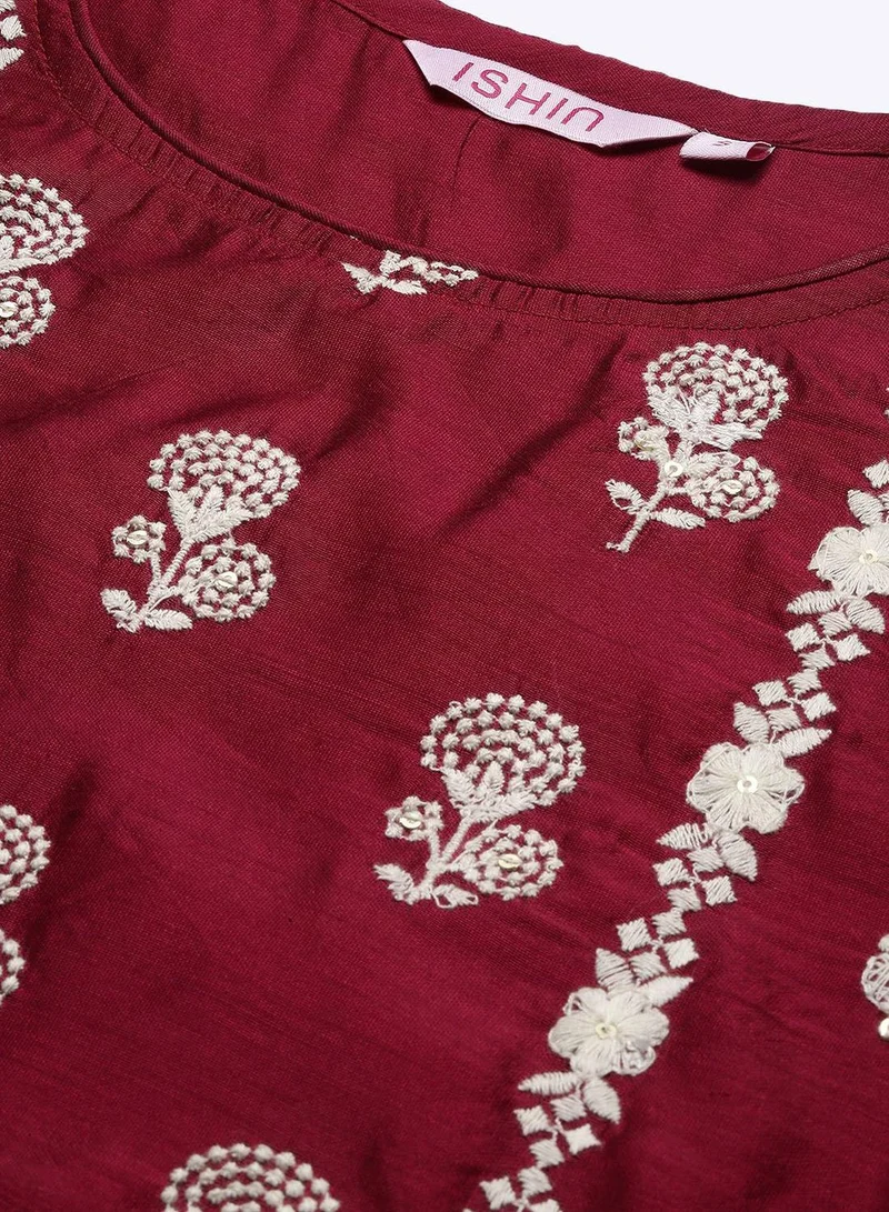 آي شين Women's Magenta Modal Fabric Printed Tunic Full Length Casual Regular Fit Kurta Set