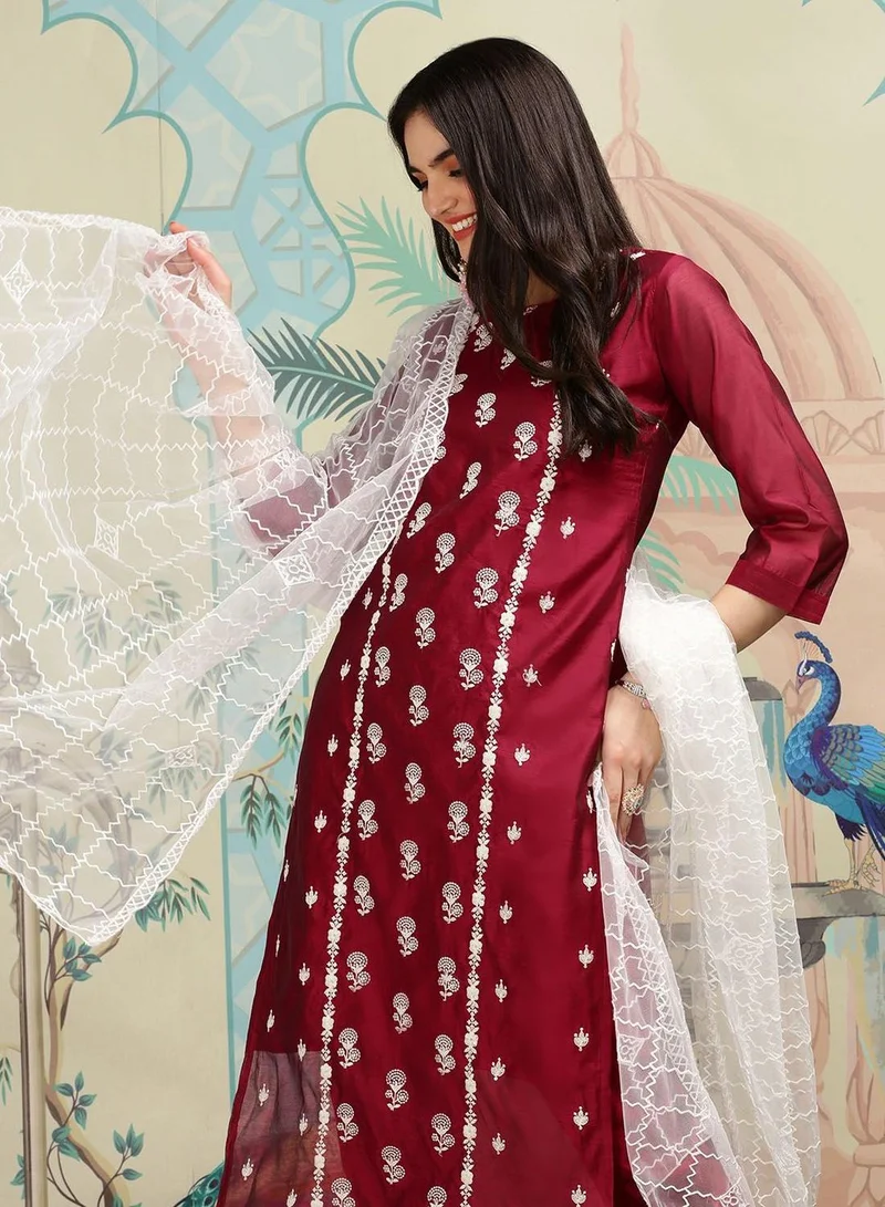 آي شين Women's Magenta Modal Fabric Printed Tunic Full Length Casual Regular Fit Kurta Set